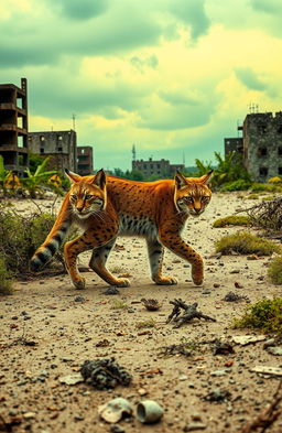 A solitary lynx gracefully traversing a desolate radioactive wasteland, showcasing the stark contrast between its vibrant fur and the muted, toxic landscape