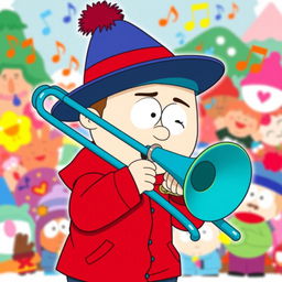 A cartoon-style illustration of Stan Marsh from South Park, passionately playing a vibrant blue trombone