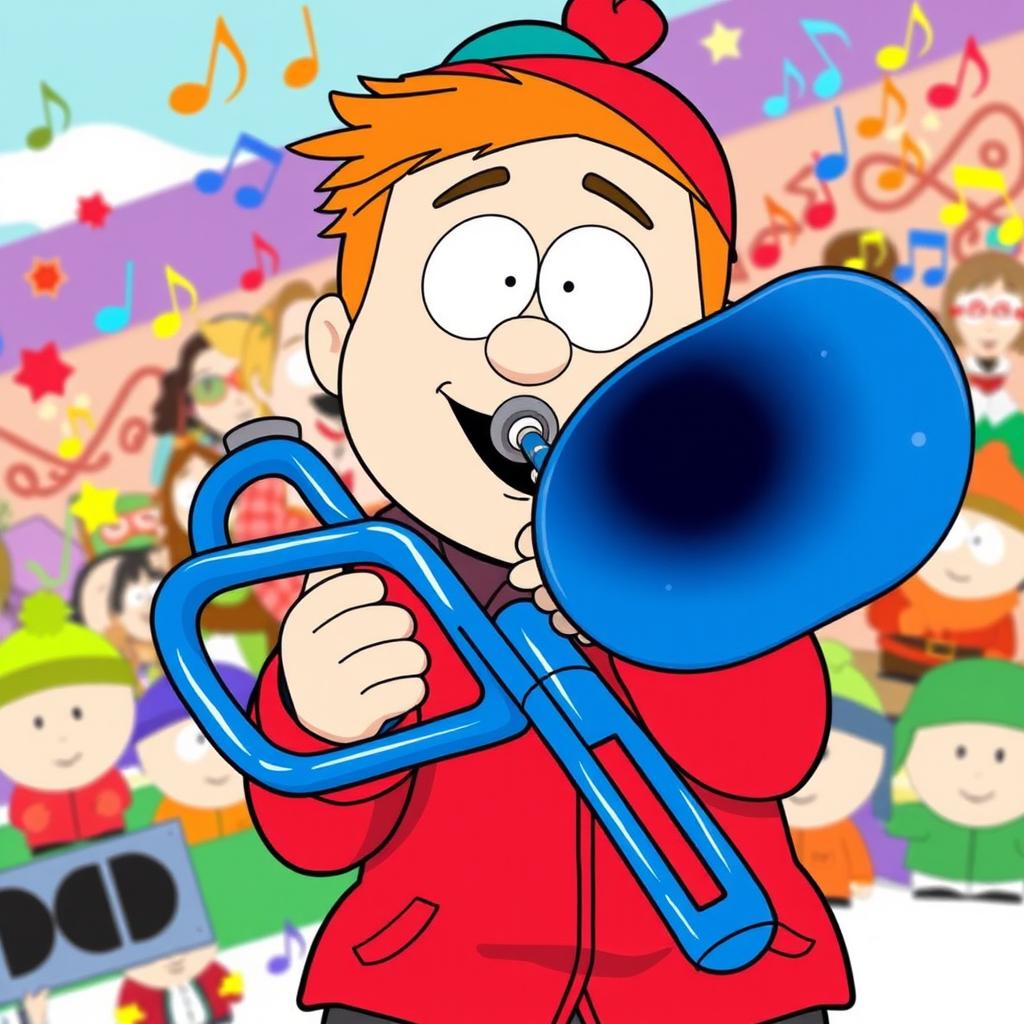 A cartoon-style illustration of Stan Marsh from South Park, passionately playing a vibrant blue trombone