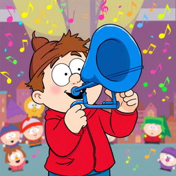 A cartoon-style illustration of Stan Marsh from South Park, passionately playing a vibrant blue trombone
