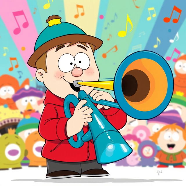 A cartoon-style illustration of Stan Marsh from South Park, passionately playing a vibrant blue trombone