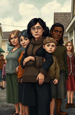 A group of diverse characters standing together in a small town scene that embodies a sense of community, reflecting the theme of intertwined lives and shared experiences