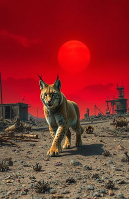 A lonely lynx journeying through a desolate radioactive wasteland, amidst nuclear fallout