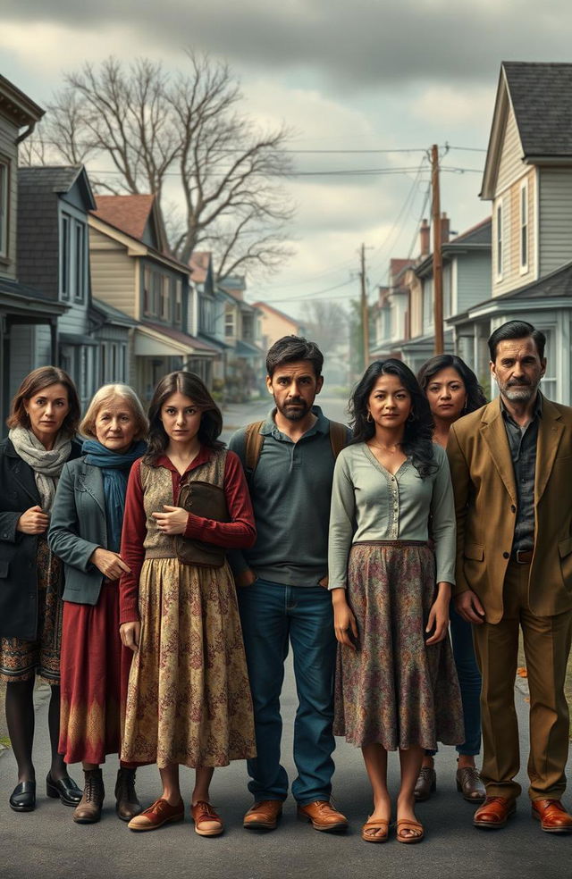 A group of diverse characters standing together in a small town scene that embodies a sense of community, reflecting the theme of intertwined lives and shared experiences