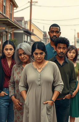A group of diverse characters standing together in a small town scene that embodies a sense of community, reflecting the theme of intertwined lives and shared experiences