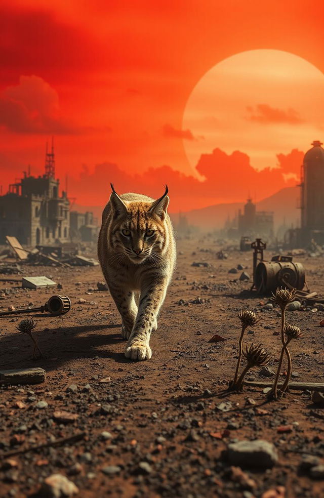 A lonely lynx journeying through a desolate radioactive wasteland, amidst nuclear fallout