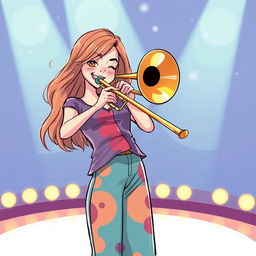 An illustration of a young woman named Heidi Turner, confidently playing a trombone on a bright stage