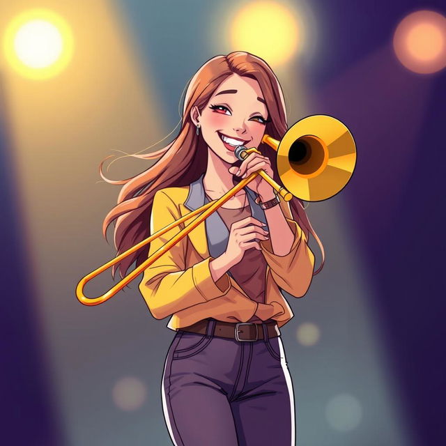 An illustration of a young woman named Heidi Turner, confidently playing a trombone on a bright stage