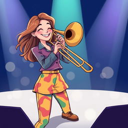 An illustration of a young woman named Heidi Turner, confidently playing a trombone on a bright stage