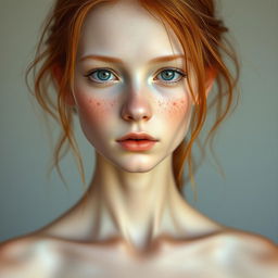 A realistic depiction of a skinny, pale redhead with a freckless and cute face, emphasizing her natural beauty