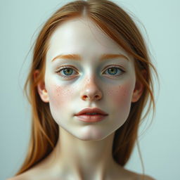 A realistic depiction of a skinny, pale redhead with a freckless and cute face, emphasizing her natural beauty