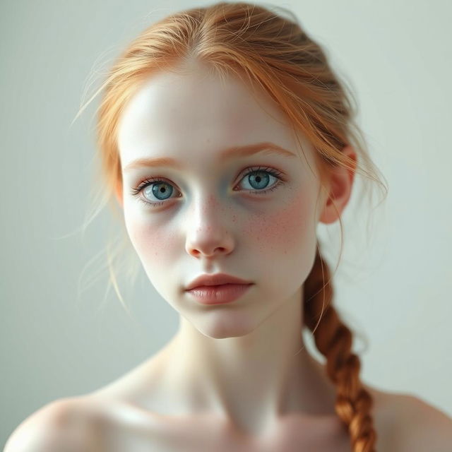 A realistic depiction of a skinny, pale redhead with a freckless and cute face, emphasizing her natural beauty