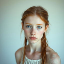 A realistic depiction of a skinny, pale redhead with a freckless and cute face, emphasizing her natural beauty