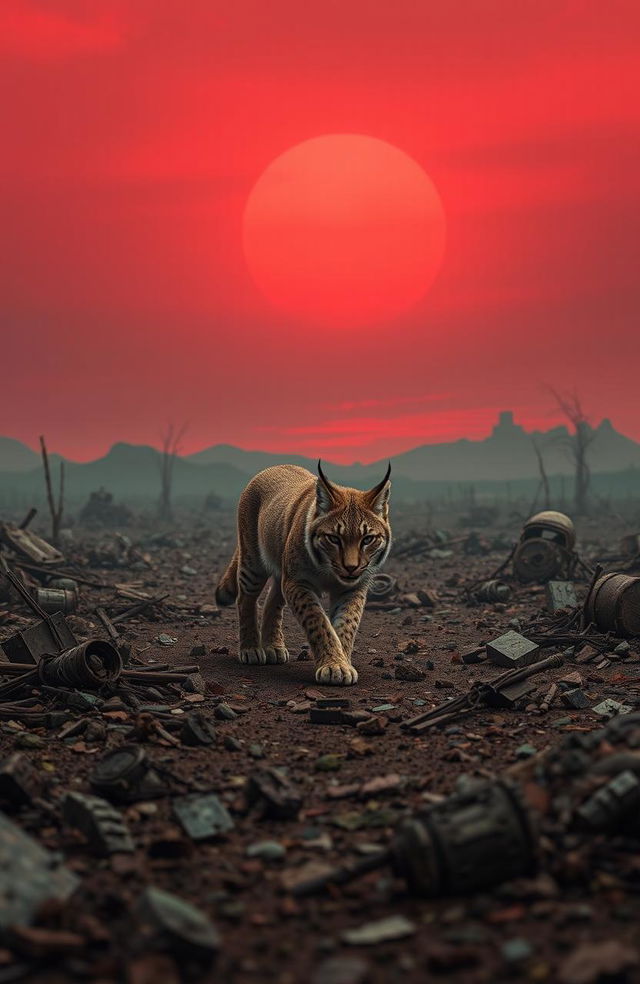 A solitary lynx navigating through a desolate radioactive wasteland, surrounded by barren landscapes and remnants of a world affected by nuclear fallout