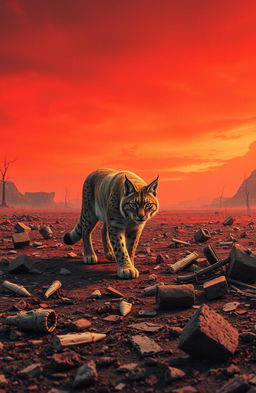 A solitary lynx navigating through a desolate radioactive wasteland, surrounded by barren landscapes and remnants of a world affected by nuclear fallout