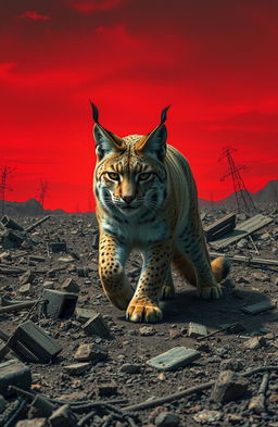 A solitary lynx navigating through a desolate radioactive wasteland, surrounded by barren landscapes and remnants of a world affected by nuclear fallout