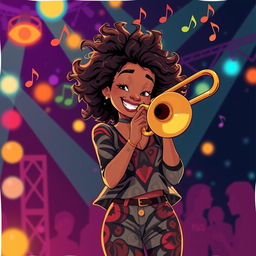 An illustration of a young woman named Bebe Stevens, enthusiastically playing a trombone on a lively stage