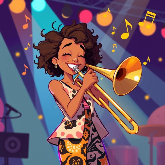 An illustration of a young woman named Bebe Stevens, enthusiastically playing a trombone on a lively stage