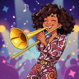 An illustration of a young woman named Bebe Stevens, enthusiastically playing a trombone on a lively stage