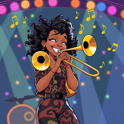 An illustration of a young woman named Bebe Stevens, enthusiastically playing a trombone on a lively stage