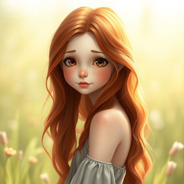 A realistic full-body portrait of a petite, slender, pale redhead with a cute freckled face