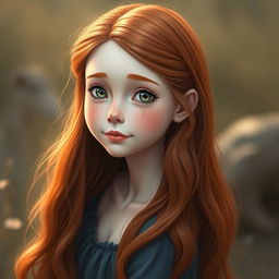 A realistic full-body portrait of a petite, slender, pale redhead with a cute freckled face