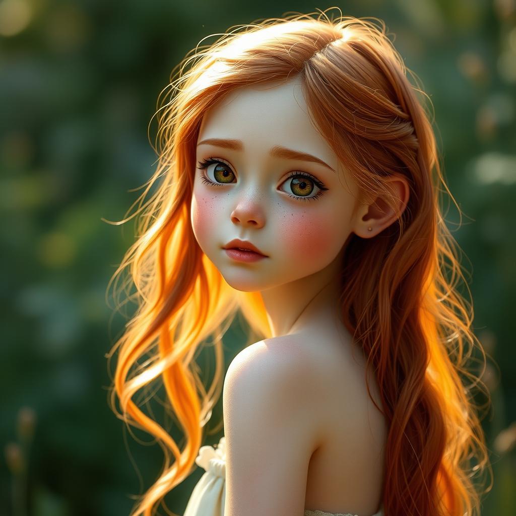 A realistic full-body portrait of a petite, slender, pale redhead with a cute freckled face