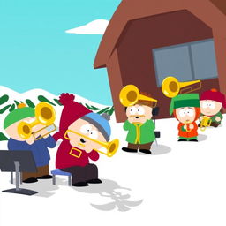 A humorous and animated scene inspired by the show South Park, featuring characters playing trombones in a comical band set on a snowy landscape