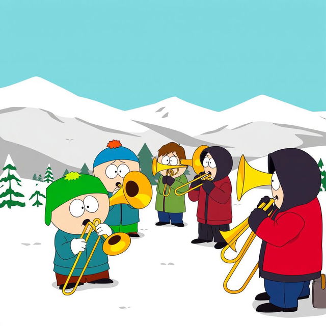 A humorous and animated scene inspired by the show South Park, featuring characters playing trombones in a comical band set on a snowy landscape