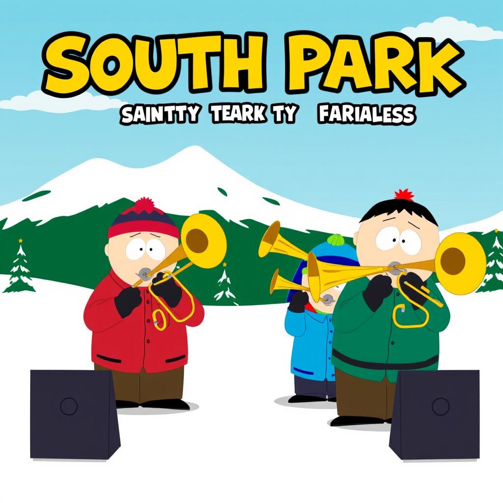 A humorous and animated scene inspired by the show South Park, featuring characters playing trombones in a comical band set on a snowy landscape