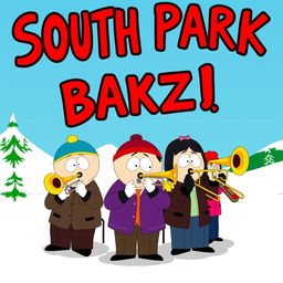 A humorous and animated scene inspired by the show South Park, featuring characters playing trombones in a comical band set on a snowy landscape