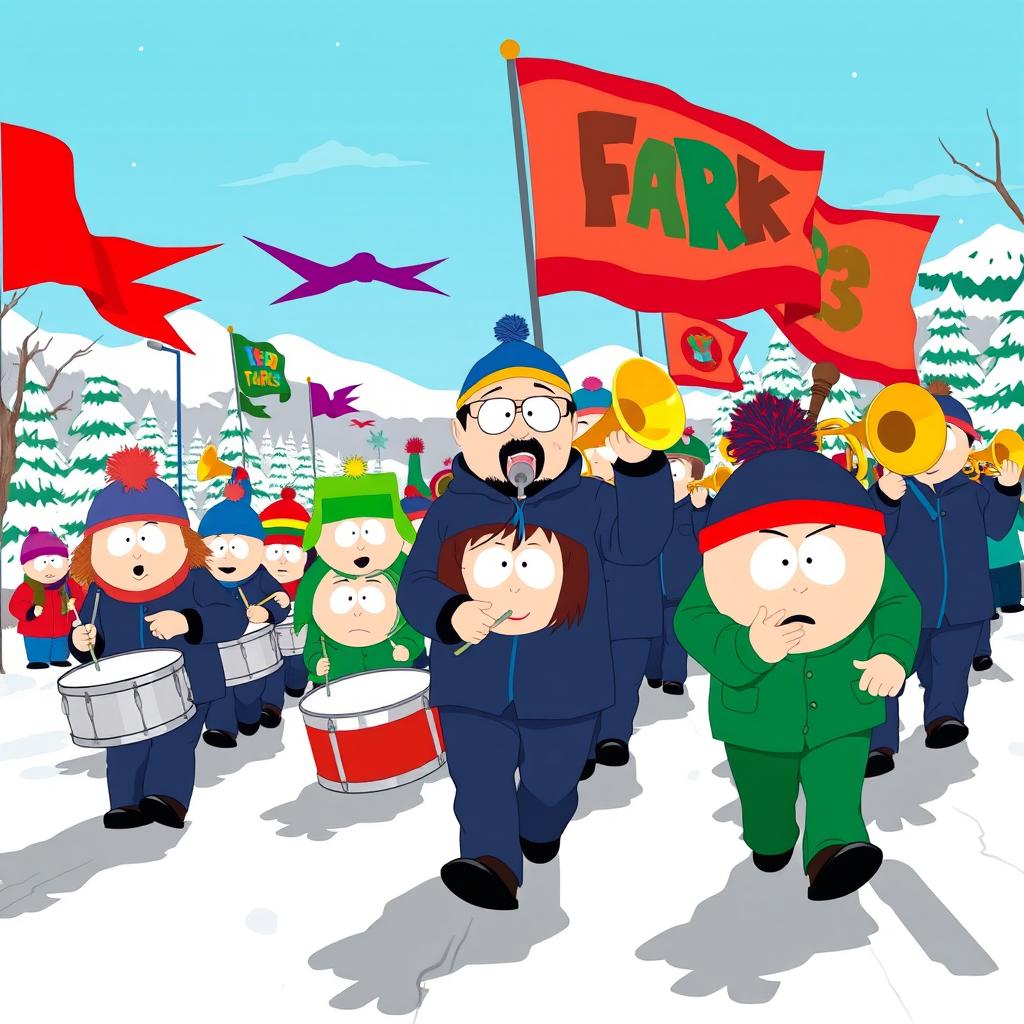 A lively and colorful illustration of a South Park marching band, featuring exaggerated cartoon characters playing various instruments like drums, trumpets, and trombones