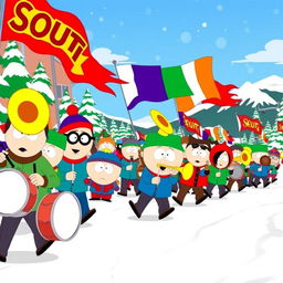 A lively and colorful illustration of a South Park marching band, featuring exaggerated cartoon characters playing various instruments like drums, trumpets, and trombones
