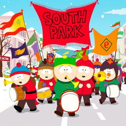 A lively and colorful illustration of a South Park marching band, featuring exaggerated cartoon characters playing various instruments like drums, trumpets, and trombones