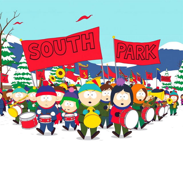 A lively and colorful illustration of a South Park marching band, featuring exaggerated cartoon characters playing various instruments like drums, trumpets, and trombones