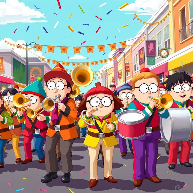 A vibrant and energetic scene depicting a marching band inspired by South Park, featuring cartoonish characters resembling the show's distinctive art style