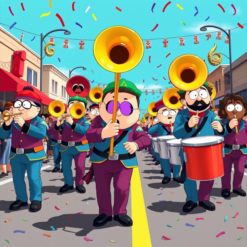 A vibrant and energetic scene depicting a marching band inspired by South Park, featuring cartoonish characters resembling the show's distinctive art style