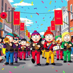 A vibrant and energetic scene depicting a marching band inspired by South Park, featuring cartoonish characters resembling the show's distinctive art style