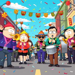 A vibrant and energetic scene depicting a marching band inspired by South Park, featuring cartoonish characters resembling the show's distinctive art style