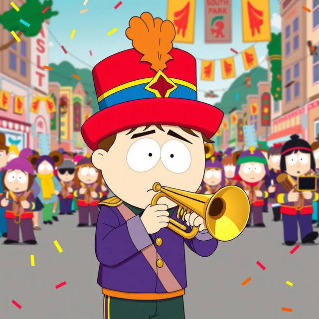 A lively scene featuring Kyle from South Park as a member of a marching band, illustrated in the show's distinctive cartoon style