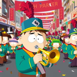 A lively scene featuring Kyle from South Park as a member of a marching band, illustrated in the show's distinctive cartoon style