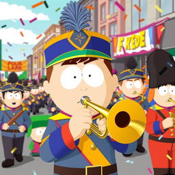 A lively scene featuring Kyle from South Park as a member of a marching band, illustrated in the show's distinctive cartoon style