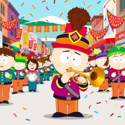 A lively scene featuring Kyle from South Park as a member of a marching band, illustrated in the show's distinctive cartoon style