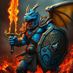 A blue dragonborn barbarian warrior, muscular and fierce, wielding a flaming sword in one hand and a sturdy shield adorned with tribal designs in the other