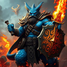 A blue dragonborn barbarian warrior, muscular and fierce, wielding a flaming sword in one hand and a sturdy shield adorned with tribal designs in the other