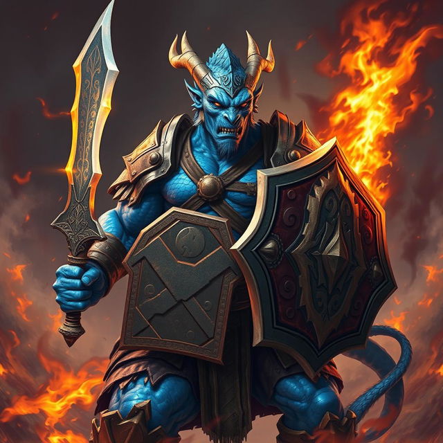 A blue dragonborn barbarian warrior, muscular and fierce, wielding a flaming sword in one hand and a sturdy shield adorned with tribal designs in the other