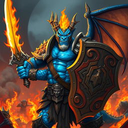 A blue dragonborn barbarian warrior, muscular and fierce, wielding a flaming sword in one hand and a sturdy shield adorned with tribal designs in the other