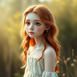 A realistic full-body portrait of a petite, slender, pale redhead with a cute freckled face