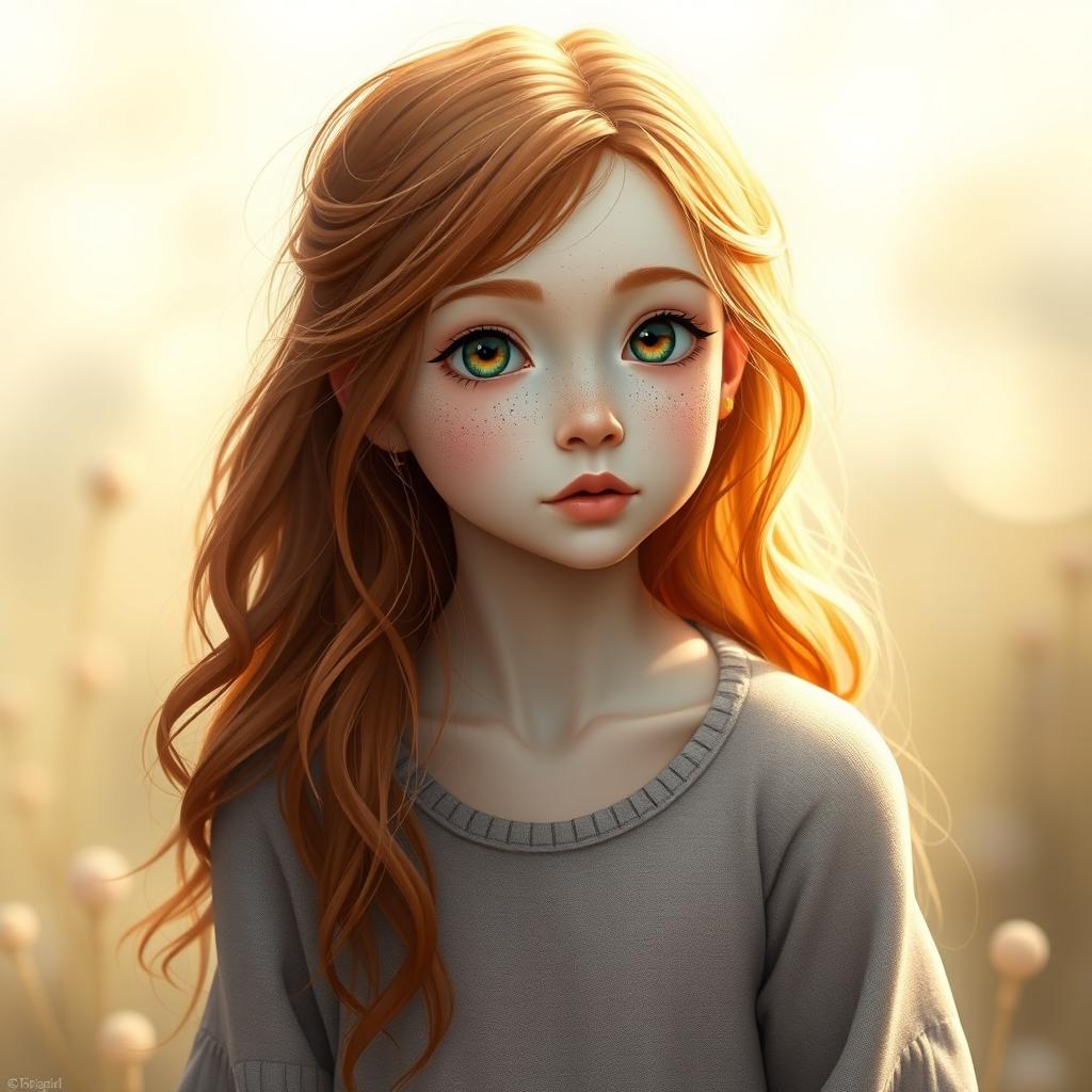 A realistic full-body portrait of a petite, slender, pale redhead with a cute freckled face