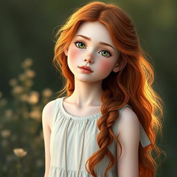 A realistic full-body portrait of a petite, slender, pale redhead with a cute freckled face